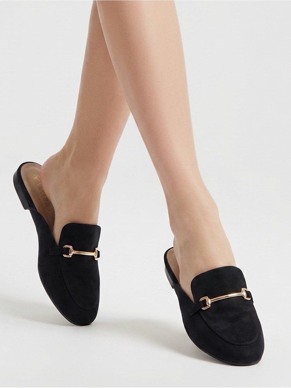 Black Slip-On Mule with Gold Bit Accent